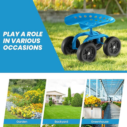 Giantex Garden Cart, Rolling Workseat with 4 Wheels, Garden Stool 360° Swivel Work Seat & Adjustable Height, Heavy Duty Wagon Scooter for Gardening for Patio Garden, Lawn, Yard (Blue)