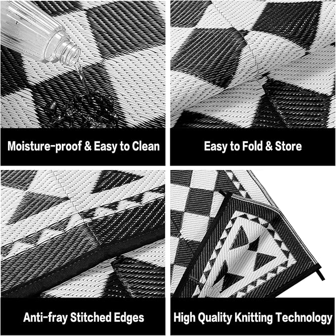 HUGEAR Outdoor Waterproof Rug 9'x12' Plastic Straw Rugs Washable Reversible Floor Mat Black/White Plaid Carpet for Camping RV Deck Entryance Porch Picnic Balcony Beach Backyard