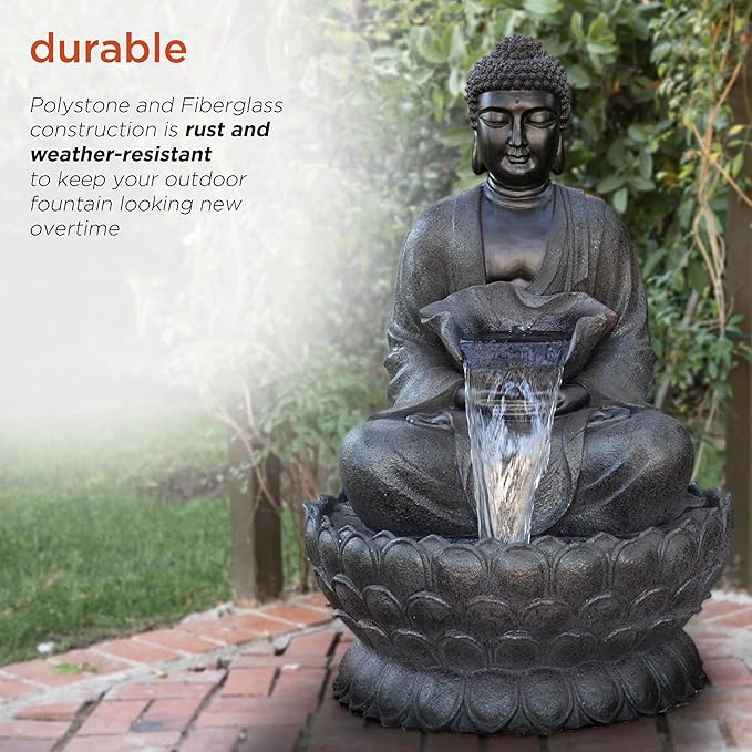 Alpine Corporation WIN1170 53" Outdoor Floor Calming Buddha Statue Waterfall Fountain – Realistic Stone Look, Water Feature for Garden, Patio, Yard, and Outdoor Spaces, Gray