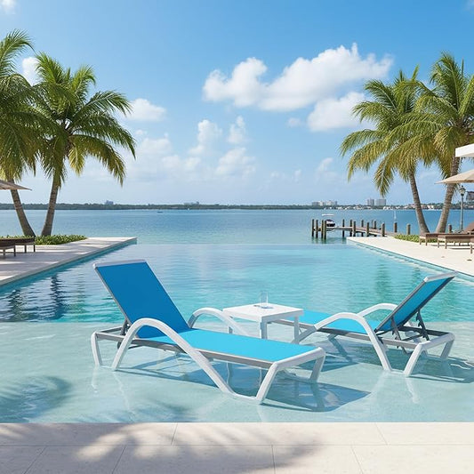 PURPLE LEAF Patio Chaise Lounge Chair Set of 3 Outside Aluminum Plastic Stackable Tanning Chairs with Armrests and Side Table for Pool Sunbathing Beach Deck Outdoor Lounger, Turquoise Blue