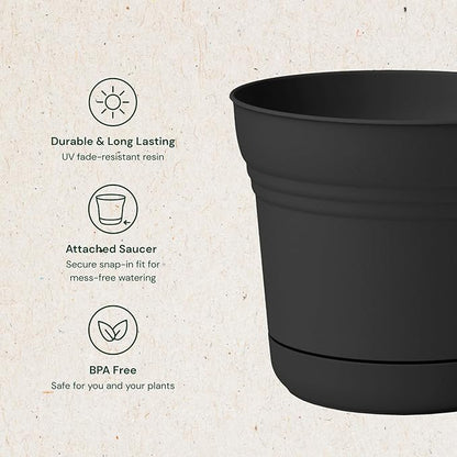 Bloem Saturn 5" Black Round Resin Planter Pot with Snap-in Saucer for Indoor and Outdoor Gardening, 4-Pack
