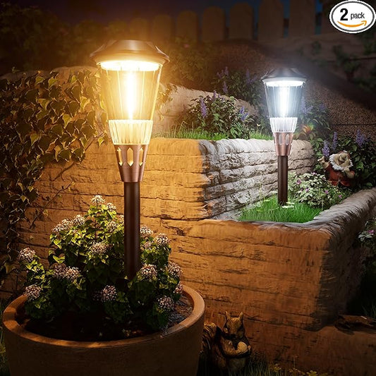 BITPOTT 2-in-1 Warm&Cool Solar Pathway Lights Outdoor, 2 Pack Solar Garden Lights Waterproof IP65, Auto On/Off Outdoor Light for Yard Garden Walkway Landscape Lighting