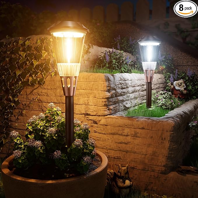 BITPOTT Solar Pathway Lights Outdoor, 8 Pack Bright 2-in-1 Warm&Cold Solar Lights Outdoor, IP65 Waterproof Garden Lights Solar Powered Walkway Lighting Outside for Yard Driveway Path Patio Landscape
