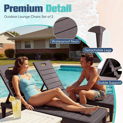 Devoko Outdoor Chaise Lounge Chair Set of 2 with 5-Position Adjustable Back, Waterproof & Lightweight PP Lounge Chairs for Outside Pool Patio (Deep Brown)