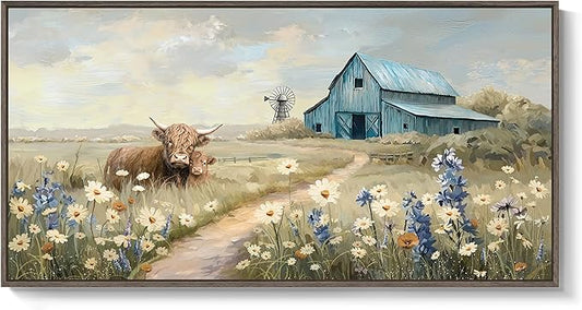 Large Framed Farmhouse Wall Art for Living Room, Highland Cow Country Pictures Wall Art Decor for Bedroom, Vintage Barn Landscape Floral Painting Artwork Print for Living Room Bathroom Kitchen 20x40