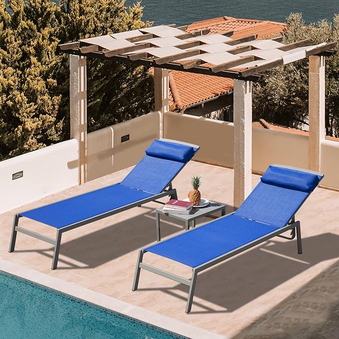 Domi Patio 3 Pieces Aluminum Textilene Chaise Lounge Set with Side Table Outdoor, Adjustable Back and Pillow for Yard Garden Sunbathing for All Seasons Blue