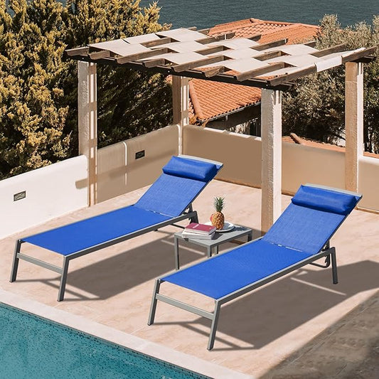 Domi Patio 3 Pieces Aluminum Textilene Chaise Lounge Set with Side Table Outdoor, Adjustable Back and Pillow for Yard Garden Sunbathing for All Seasons Blue