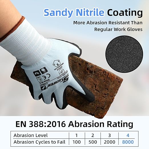 Schwer 6 Pairs Safety Work Gloves with Sandy Nitrile Coating, Extreme Fiber-Abrasion Resistance(Level 6-Certified) Heavy Duty Working Glove with Grip for Men Women, A2 Cut Glove, for Construction, XL