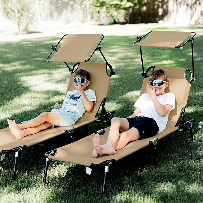Outsunny Folding Chaise Lounge Pool Lounge Chairs Set of 2, Outdoor Sun Tanning Chairs with Canopy Shade, Reclining Back, Steel Frame and Side Pocket for Beach, Yard, Patio, Tan