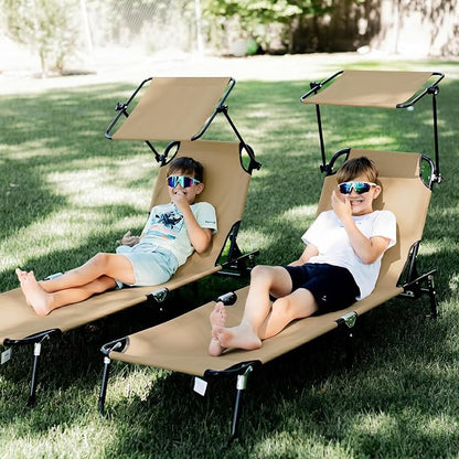 Outsunny Folding Chaise Lounge Pool Lounge Chairs Set of 2, Outdoor Sun Tanning Chairs with Canopy Shade, Reclining Back, Steel Frame and Side Pocket for Beach, Yard, Patio, Tan