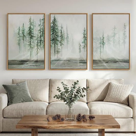 Framed Green Abstract Landscape Wall Art for Living Room, Large 3 Piece Neutral Forest Tree Canvas Artwork for Walls, Modern Wall Art Decor Nordic Painting Picture Prints for Hallway Office 24x36 Inch