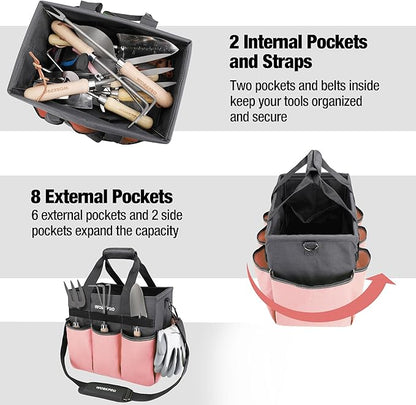 WORKPRO Garden Tool Bag, Heavy Duty Gardening Tote Bag Organizer with 10 Pockets and Long Adjustable Shoulder Strap, Standable Garden Home Tool Kits Organizer, Pink - Pink Ribbon