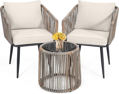 Kromax 3 Pieces Patio Rattan Bistro Conversation Set, Outdoor All-Weather Wicker Furniture Chairs and Side Table Set Ideal for Balcony, Porch and Backyard, Beige