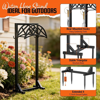 Garden Hose Holder, Heavy-Duty Water Hose Reel with Stable Base & 2 Tool Hooks, Freestanding Storage Rack for Outside, Holds 150ft – Metal Stand for Yard & Lawn