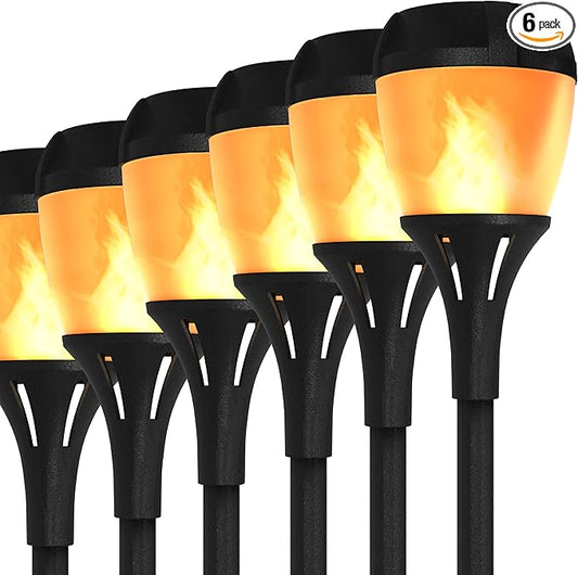 Solar Path Lights Outdoor Waterproof - Realistic Flickering LED Flame, IP65 Pathway Lights Solar Powered Warm Light for Garden and Walkways, Ground Stake Included for Easy Setup (6 Pack)