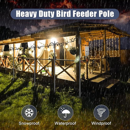 Gtongoko Squirrel Proof Bird Feeder Pole, 108 Inch Double Shepherds Hook with 19 Inch Squirrel Baffle, Heavy Duty Adjustable Outdoor Bird Feeder Stand with 5-Prong Base for Garden, Plants, Black
