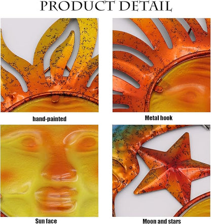 Sun Face Metal Wall Art Décor Outdoor Indoor, Sun Moon Star, Metal Glass Hanging for Garden Sun Face Sculptures & Statues Statues Wall Art for Farmhouse, Patio, Garden Decoration(3 Pack)
