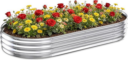 Galvanized Raised Garden Bed Outdoor, 8x4x1ft Metal Heavy Duty Planter Boxes for Gardening, Easy Assemble Large Oval Plant Container Kit for Vegetables, Flowers, Fruits, Silver, 1 Pack