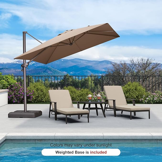 PURPLE LEAF 9X9Ft Patio Umbrella With Base Square Cantilever Umbrella Outdoor with 360° Rotation and Aluminum Offset Hanging for Pool Deck Garden Backyard, Taupe