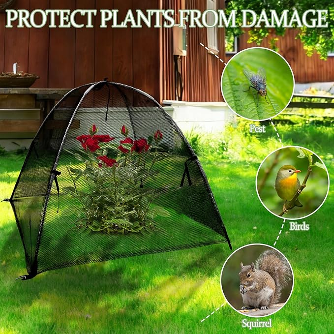 22"x22"x22" Plant Cover with 4 Stakes - Black Mesh Cloche for Garden & Potted Plants - Insect & Bird Netting for Vegetables, Seedlings on Raised Bed, Patio, Balcony