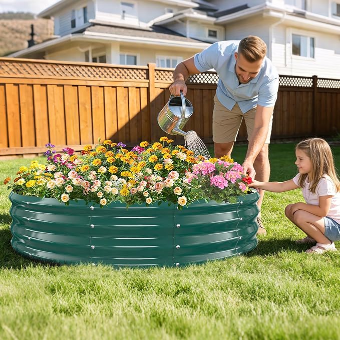 12 Inch Tall Heavy-Duty Round Steel Rised Garden Bed – Wave-Shaped Design Galvanized Metal Planter Box for Vegetables Flowers Succulent at Patio/Garden Outdoor (Green, 60" Diameter)