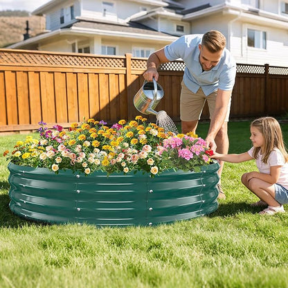 12 Inch Tall Heavy-Duty Round Steel Rised Garden Bed – Wave-Shaped Design Galvanized Metal Planter Box for Vegetables Flowers Succulent at Patio/Garden Outdoor (Green, 60" Diameter)