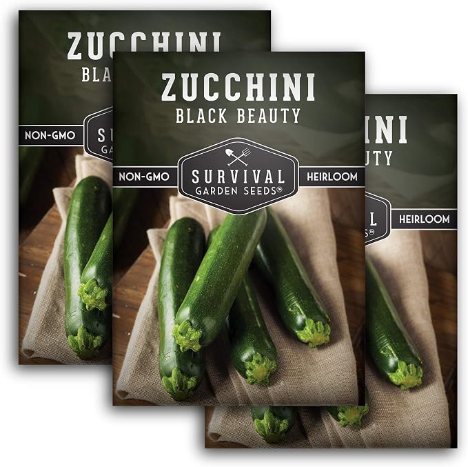 Black Beauty Zucchini Seeds for Planting - Heirloom Summer Squash Variety for Vegetable Garden Growing - High Yield Dark Green Zucchinis - Survival Garden Seeds (3 Packs)