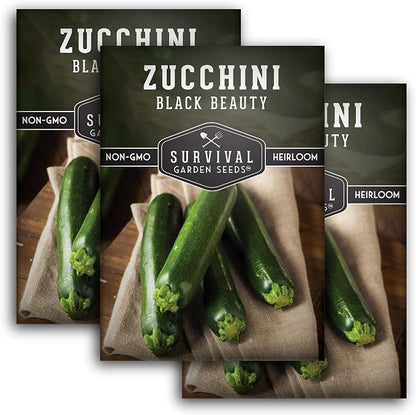 Black Beauty Zucchini Seeds for Planting - Heirloom Summer Squash Variety for Vegetable Garden Growing - High Yield Dark Green Zucchinis - Survival Garden Seeds (3 Packs)
