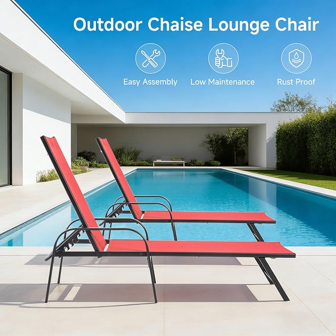 NEWBULIG Outdoor Lounge Chair for Pool, Chaise Lounge Chairs with 5 Position Recliner,350 lbs Heavy Duty Patio Pool Chairs, Outdoor Sun Chairs with Metal Frame for Backyard, Red