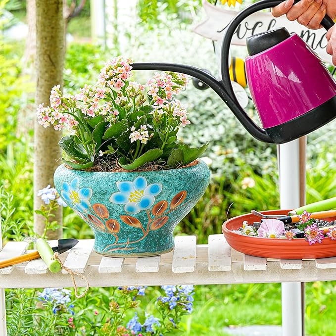 Sungmor 9.6 Inch Large Succulent Plant Pots, Pretty Hand Painted Ceramic Planter with Drainage, Indoor Outdoor Cactus Planter Bonsai Pot, Flower Pot for Indoor Plants Garden Windowsill Desktop Decor