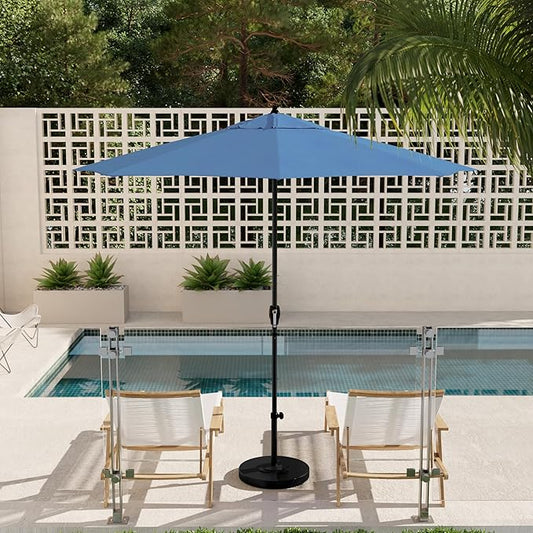 California Umbrella 9' Rd Aluminum Patio Umbrella, Crank Lift, Auto Tilt, Black Finish, Sunbrella Cyan