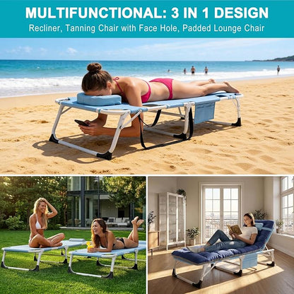 ABORON 3-in-1 Tanning Chair, 5-Position with Face and Arm Holes | 5-position reclining chair includes a removable mat, pillow, face hole and arm slots; folds flat for beach or patio use.