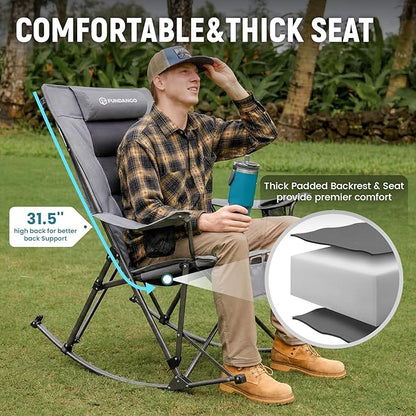 FUNDANGO Oversized Rocking Camping Chair for Adults, High Back Padded Folding Lawn Chairs with Pillows, Wide Armrest, 2 Cup Holders, Carry Bag for Patio Garden Outdoor Supports 440Lbs (Grey)