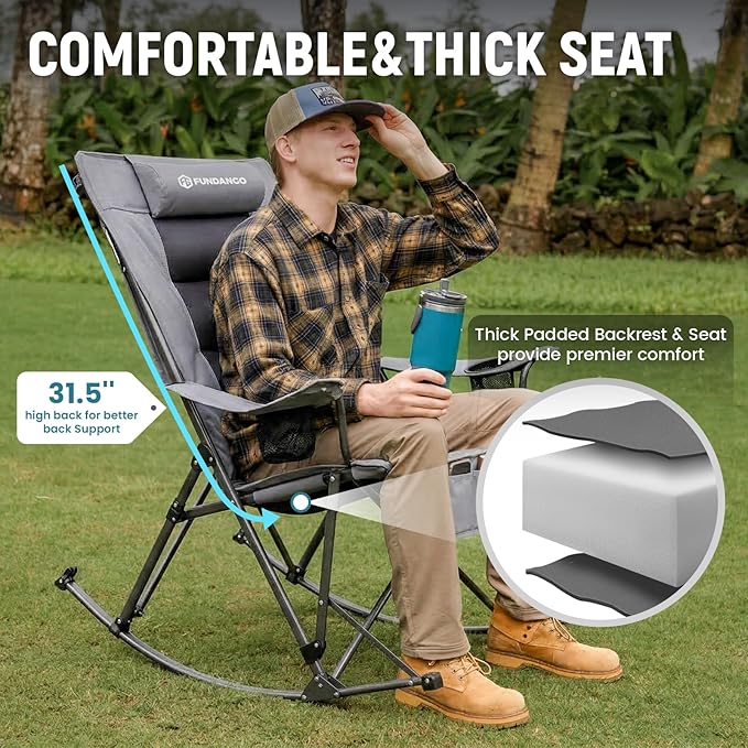 FUNDANGO Oversized Rocking Camping Chair for Adults, 2 Pack High Back Padded Folding Lawn Chairs with Pillows, Wide Armrest, 2 Cup Holders, Carry Bag for Patio Garden Outdoor Supports 440Lbs