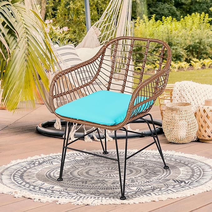 COSTWAY 3 Pieces Patio Bistro Set, Outdoor Rattan Conversation Seating Chair Set with Coffee Table & Soft Cushions, Indoor Wicker Furniture Set for Garden, Balcony, Porch, Pool, Turquoise