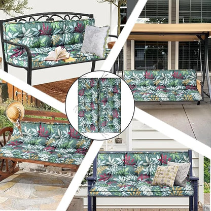 Porch Swing Cushion Three Seat, Waterproof Swing Cushions Replacement with Backrest, Outdoor Garden Furniture Patio 4" Thickened Cushions with Ties (Green Flowers, 40 x 71in)