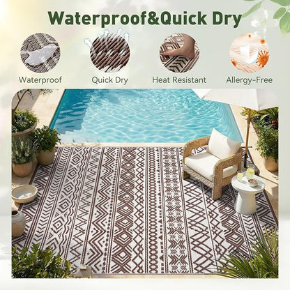 MontVoo Outdoor Rug 8x10 Waterproof Outdoor Patio Rug Mat Reverisble Plastic Straw Outdoor Rug for RV Camping Picnic Beach Balcony Boho Beige Brown