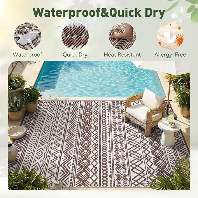 MontVoo Outdoor Rug Carpet Waterproof 5x8 Outdoor Patio Rug Mat Reverisble Plastic Straw Outdoor Rug for RV Camping Picnic Beach Balcony Boho Beige Brown