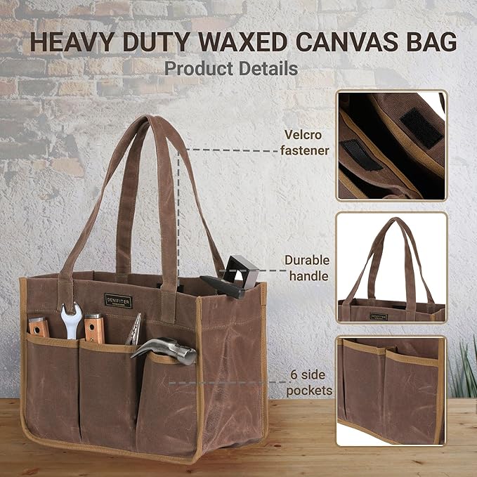 Heavy Duty 16 oz Waxed Canvas Tool Bag, Water Resistant Utility Tools Organizer Bag with Handle | 12.5" x 6.5" x 9.5"