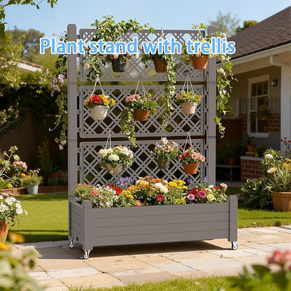 Vixzen 64" Tall Raised Garden Bed,Outdoor Large Resin Planter Box with Trellis and Drain Plug for Climbing Plants,Easy to Assemble,Water Monitor,Mobility(Light Brown, 43.43"×18.27"×64.29")