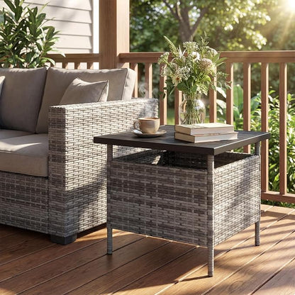 Giantex Umbrella Table, Outdoor Side Table with 2" Umbrella Hole, Rattan Umbrella Stand Holder, Heavy Duty Metal Frame, Patio Bistro Table for Deck Garden Poolside, Mix Gray (HDPE Tabletop)