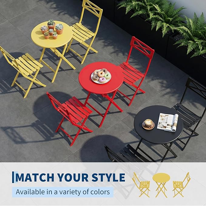 GarveeTech 3-Piece Folding Bistro Set, Heavy Duty Outdoor Patio Furniture with 2 Chairs & 1 Table, Weather-Resistant Steel Frame, No Assembly Required for Garden, Yard, Balcony,Yellow