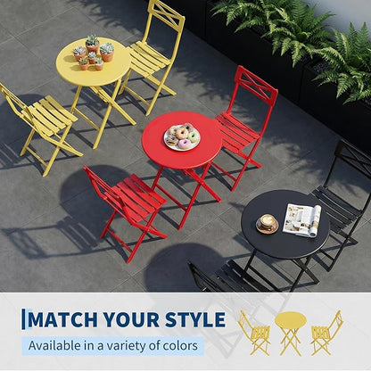 GarveeTech 3-Piece Folding Bistro Set, Heavy Duty Outdoor Patio Furniture with 2 Chairs & 1 Table, Weather-Resistant Steel Frame, No Assembly Required for Garden, Yard, Balcony,Yellow