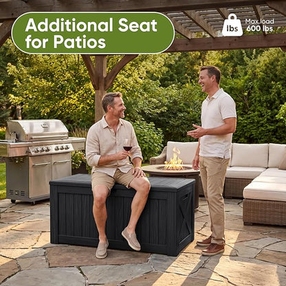 Flamaker Resin Deck Box 120 Gallon Waterproof Large Outdoor Indoor Storage Box Imitation Wood Resin for Patio Furniture Garden Tools and Pool (Black)
