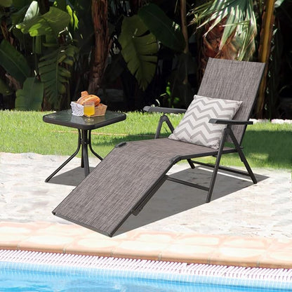 Tangkula Folding Lounge Chair Outdoor, Recliner Chaise Lounge with 5-Position Adjustable Backrest & 2-Position Footrest, No Assembly Required, Suitable for Patio Poolside Beach Yard (2, Grey)