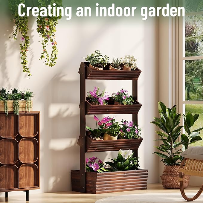 Vertical Wooden Raised Garden Bed, Garden Planters Freestanding Wood Plant Stand Flower Rack Wooden Planter Box for Plants Herbs Flowers Vegetables Outdoor Indoor Gardening (4-Tier Carbonized)