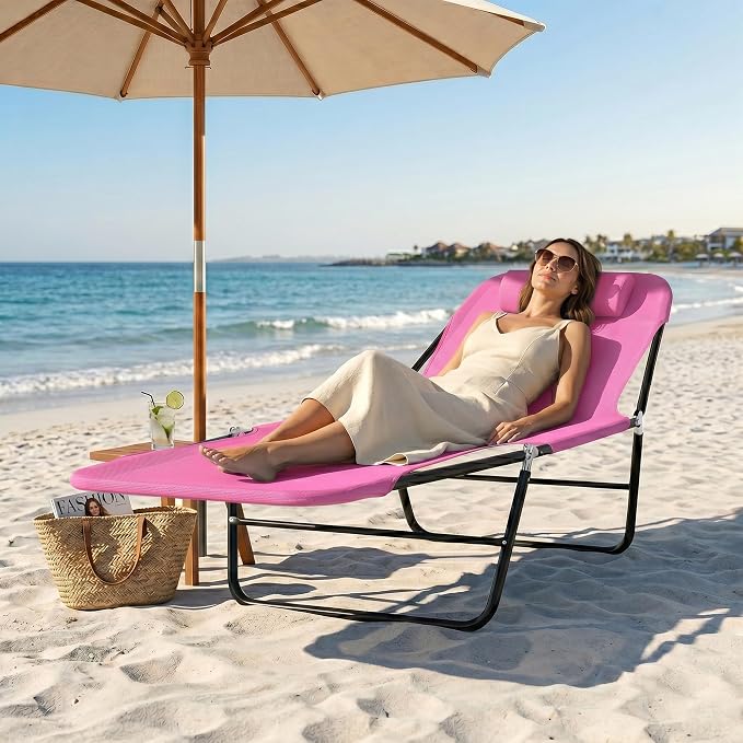 Outsunny Folding Chaise Lounge Chair, Pool Sun Tanning Chair, Outdoor Lounge Chair with Reclining Back, Breathable Mesh Seat, Headrest for Beach, Yard, Patio, Pink