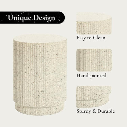 LuxenHome Cream Cement Round Outdoor Side Table, Set of 2