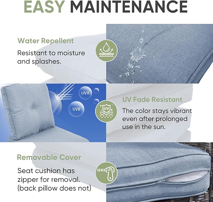 Outdoor Chair Cushion Set of 3, Waterproof Outdoor Seat Cushions 25x22 , Patio Chair Cushions for Outdoor Furniture, Couch Cushion Replacement, Include 3 Back & 3 Seat Cushions, Button/BabyBlue