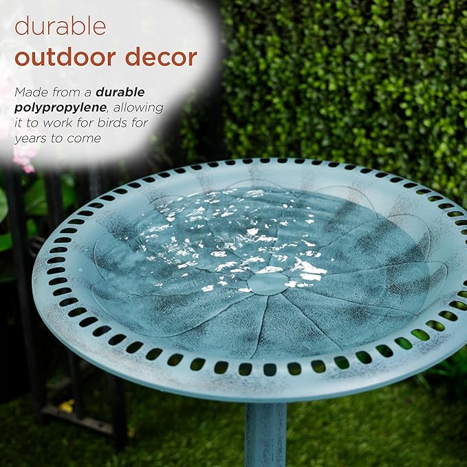 Alpine Corporation TEC116BL Pedestal Birdbath with Scrollwork Base and Ground Stakes, Décor for Lawn & Garden, 28" H, Blue